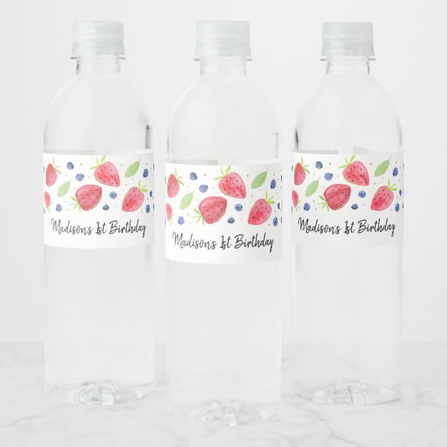Strawberry Blueberry Berry Sweet Birthday Water Bottle Label (Bottles)