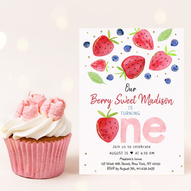 Strawberry Blueberry Berry Sweet First Birthday Invitation (Creator Uploaded)