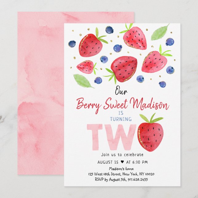 Strawberry Blueberry Berry Sweet Second Birthday Invitation (Front/Back)
