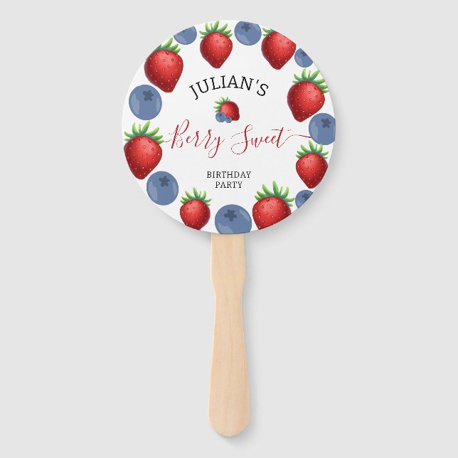 Strawberry & Blueberry Girl Birthday Party Photo  Hand Fan (Front)