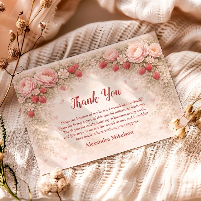 Strawberry Blush Garden Celebration 1st Birthday Thank You Card (Creator Uploaded)