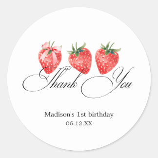 Strawberry Bow 1st Birthday Thank You Classic Round Sticker