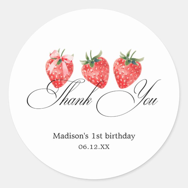 Strawberry Bow 1st Birthday Thank You Classic Round Sticker (Front)