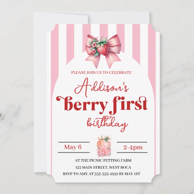 Strawberry & Bow  1st Birthday with  Photo  Invitation (Front)
