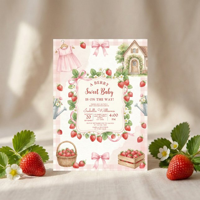 Strawberry bow baby shower First Berry Sweet Invitation (Creator Uploaded)