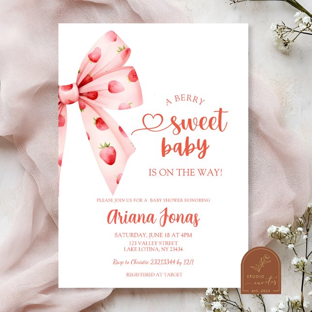 Strawberry Bow berry sweet baby shower  Invitation (Creator Uploaded)