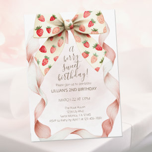 Strawberry Bow Berry Sweet Second Birthday  Invitation