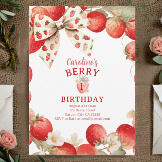 Strawberry Bow Girls Berry First Birthday Invitation (Creator Uploaded)