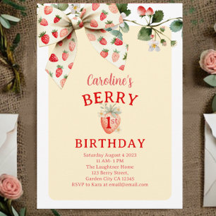 Strawberry Bow Girls Berry First Birthday Invitation