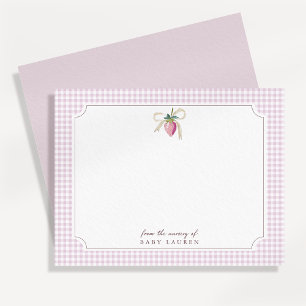 Strawberry Bow Pink Gingham Personalised Note Card