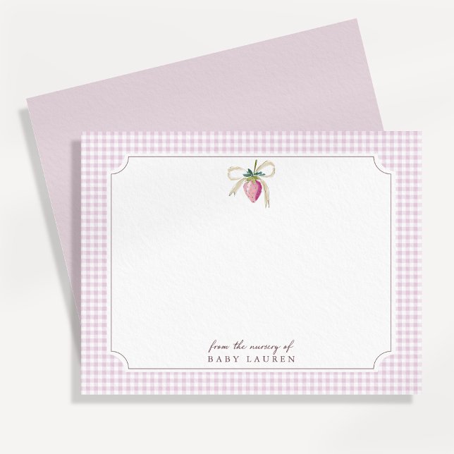 Strawberry Bow Pink Gingham Personalised Note Card (Creator Uploaded)