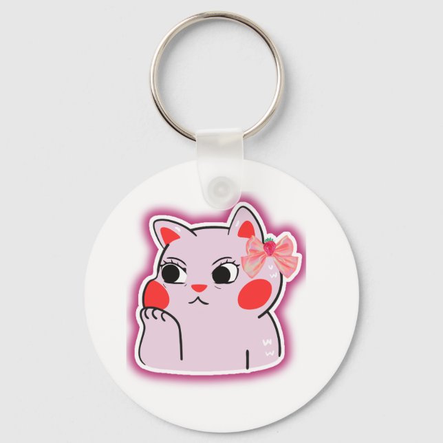 Strawberry Bow Pink Kitty – Cute Cartoon Design fo Key Ring (Front)