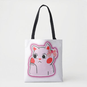 Strawberry Bow Pink Kitty – Cute Cartoon Design fo Tote Bag