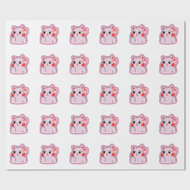 Strawberry Bow Pink Kitty – Cute Cartoon Design fo Wrapping Paper (Flat)