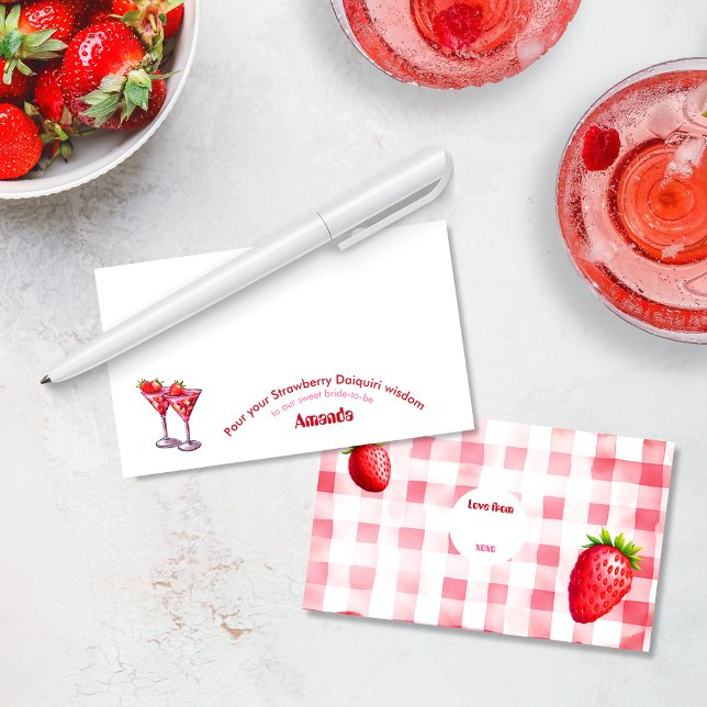 Strawberry Bride-to-be Bachelorette Party Cocktail Advice Card (Strawberry Bride-to-be cocktails custom guests advice card for bachelorette hen bridal shower party)
