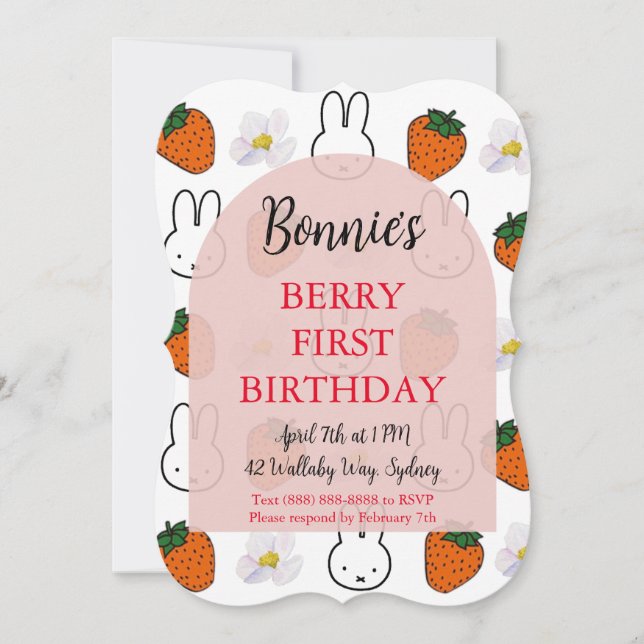 Strawberry Bunny Birthday Invitation (Front)