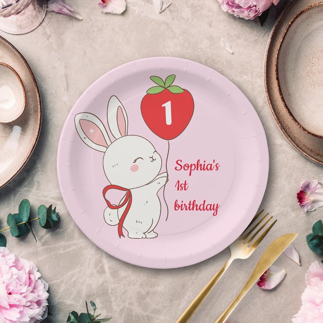 Strawberry Bunny Birthday Paper Plate (Creator Uploaded)