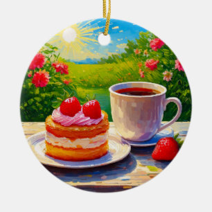 Strawberry Cake and Coffee Delight Ceramic Tree Decoration