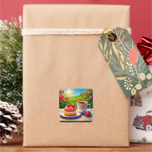 Strawberry Cake and Coffee Delight Square Sticker