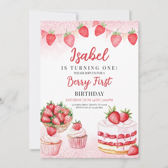 Strawberry Cake Birthday Invitation (Front)