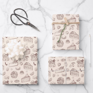 Strawberry Cake & Cheesecake Line Art Pattern Wrapping Paper Sheet