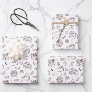 Strawberry Cake & Cheesecake Line Art Pattern Wrapping Paper Sheet