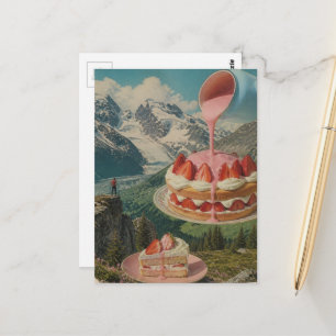 Strawberry Cake Mountain Surreal Retro Art Postcard