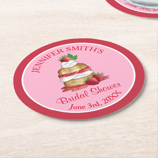 Strawberry Cake Shortcake Bridal Shower Birthday Round Paper Coaster (Angled)