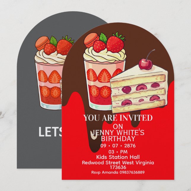 Strawberry  Cake Themed Birthday Invitation  (Front/Back)
