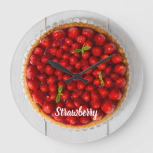 Strawberry cake with mint on white wood large clock