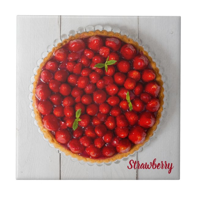 Strawberry cake with mint on white wood tile (Front)