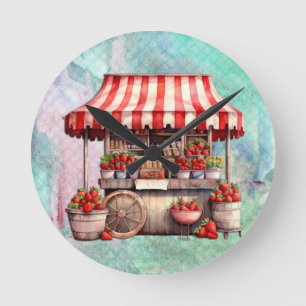 Strawberry Cart Watercolor Round Clock