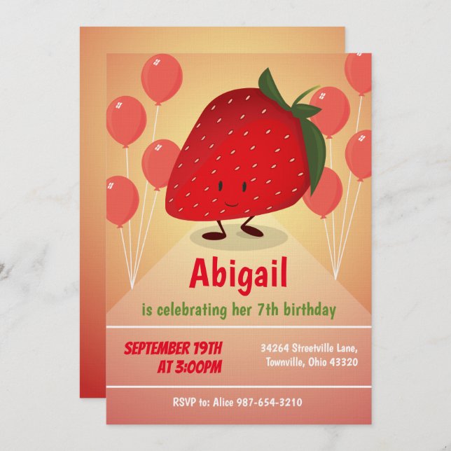 Strawberry Cartoon Birthday Invitation (Front/Back)