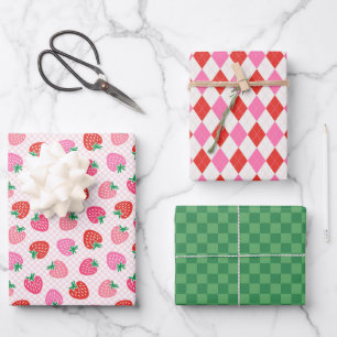 Strawberry Checks & Argyle Christmas Pink Green Wrapping Paper Sheet