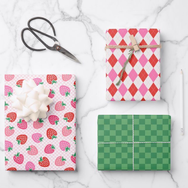 Strawberry Checks & Argyle Christmas Pink Green Wrapping Paper Sheet (Front)