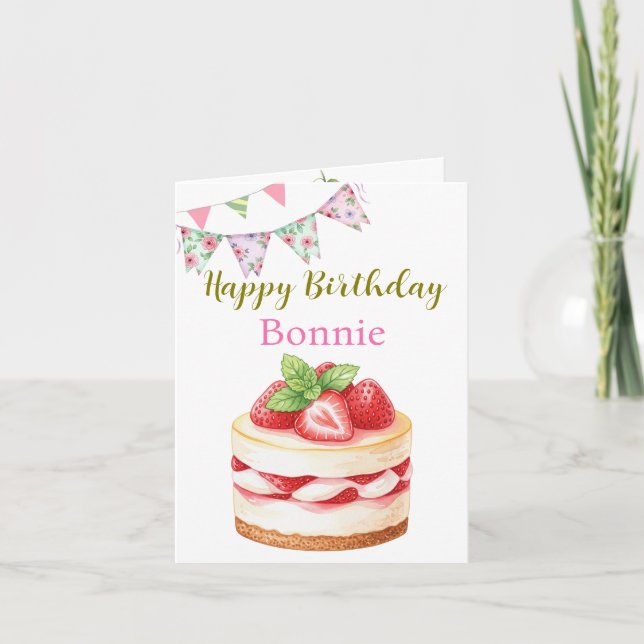 Strawberry Cheesecake Custom Name & Text Birthday Card (Front)