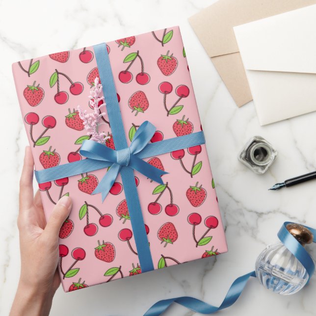 Strawberry Cherry Fruit Pattern Cute Gift Wrapping Paper (Gifting)