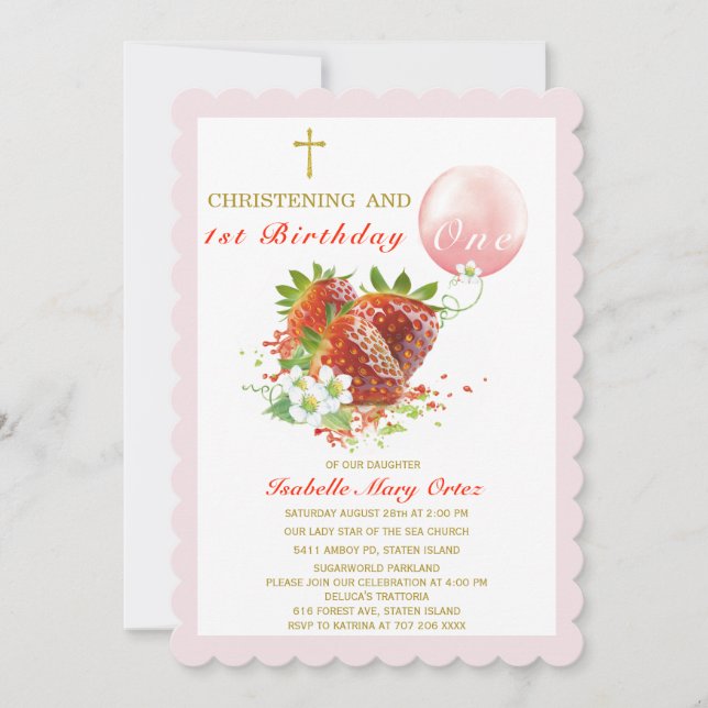 Strawberry Christening and  First Birthday Invitation (Front)