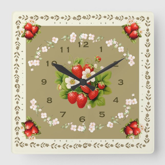 Strawberry Clock Loden Green Background Square  (Front)