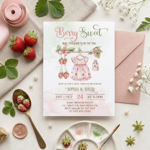 Strawberry Clothesline Girl Baby Shower Invitation