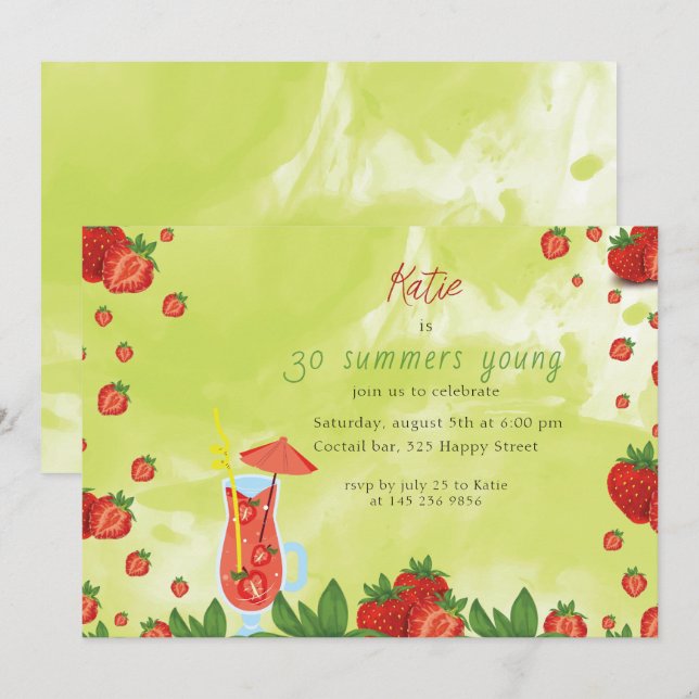 Strawberry Coctail Birthday Invitation (Front/Back)