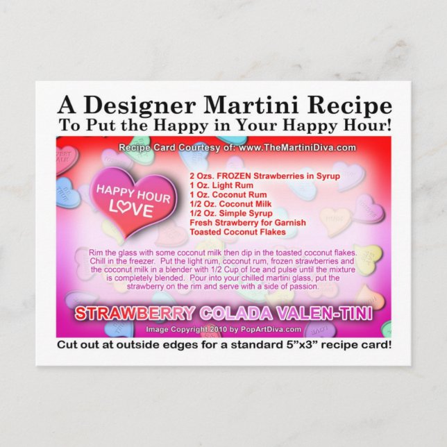 Strawberry Colada Valentine's Day Martini Recipe Holiday Postcard (Front)