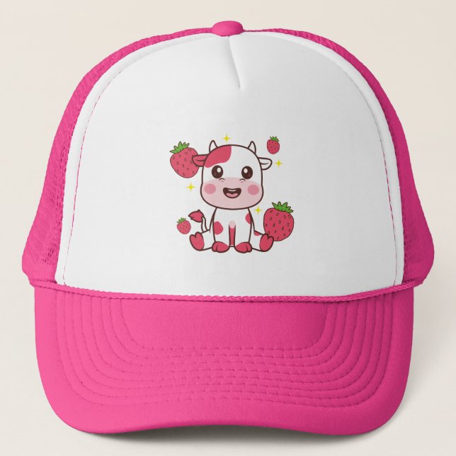 Strawberry Cow, Cute Cow, Pink Cow Pet Trucker Hat (Front)