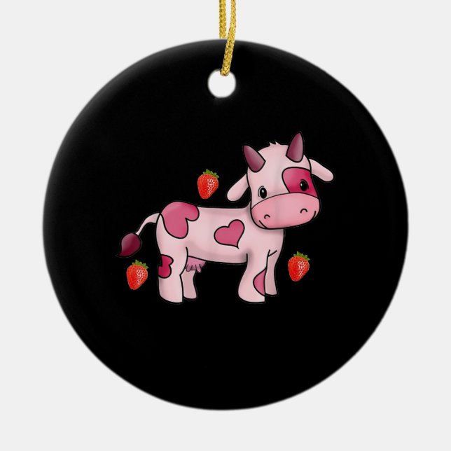 Strawberry Cow Cute Pink Cow Ceramic Tree Decoration (Front)