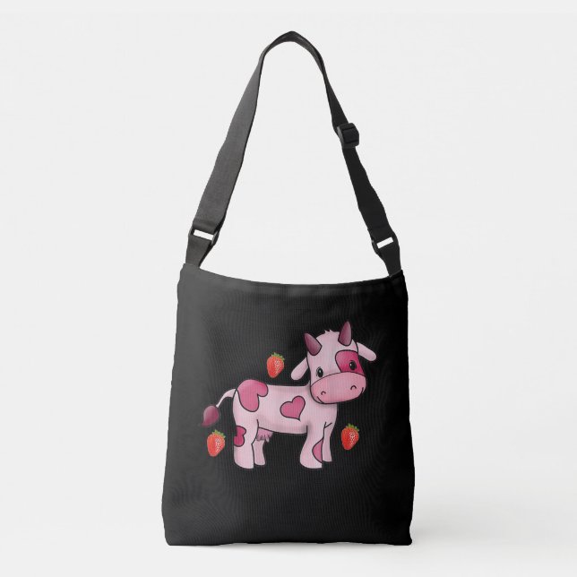 Strawberry Cow Cute Pink Cow Crossbody Bag (Front)