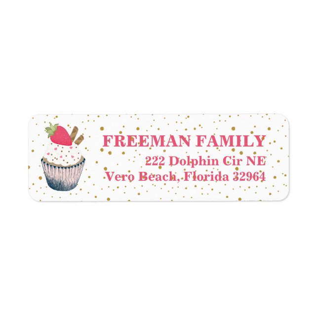 Strawberry Cupcake Address Label – Pink and Gold S (Front)