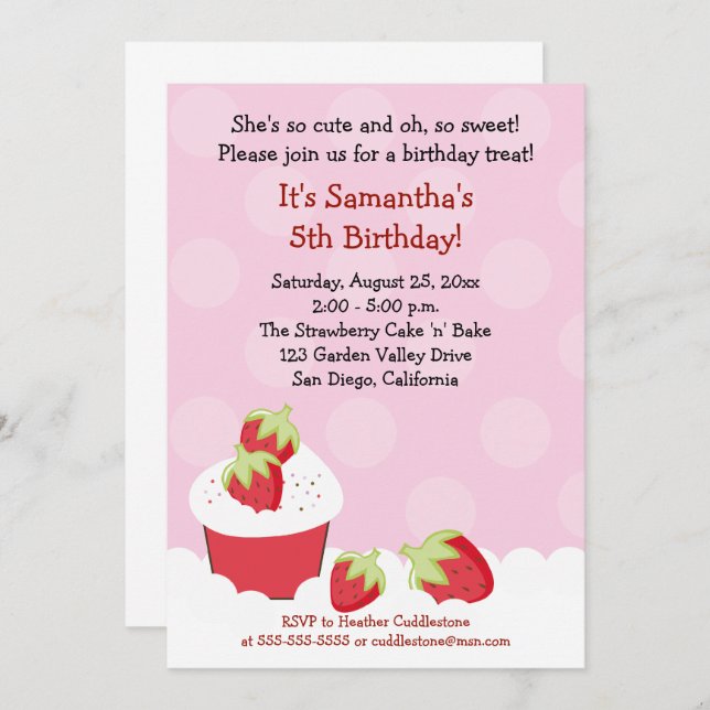 Strawberry Cupcake Birthday Party 5x7 Invitation (Front/Back)
