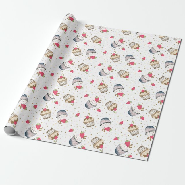 Strawberry Cupcake Birthday Wrapping Paper – Cute  (Unrolled)