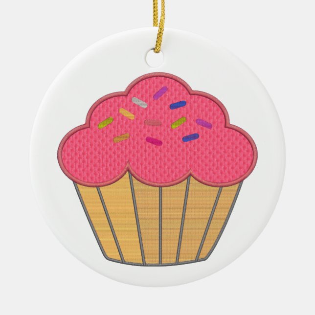 Strawberry Cupcake Faux Embroidery Print Ceramic Tree Decoration (Front)