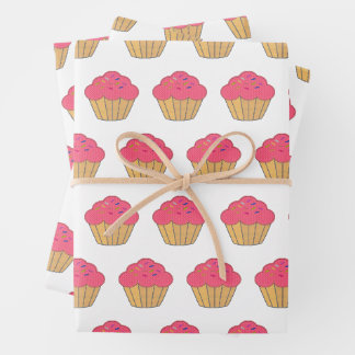 Strawberry Cupcake Faux Embroidery Print Wrapping Paper Sheet